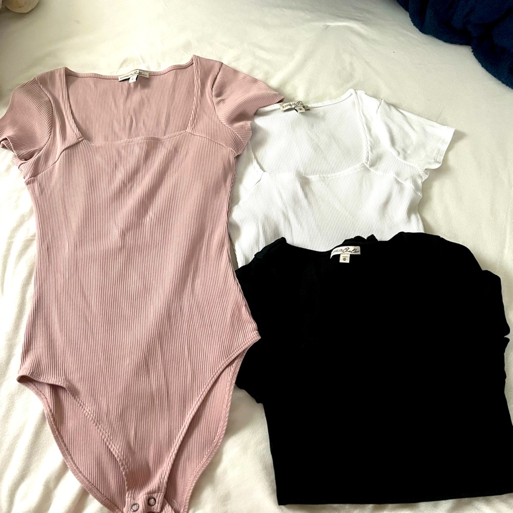 Ribbed Square Neck Short Sleeve Bodysuit - Pink, White, Black
